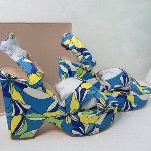 Just Fab Shoes Mia Floral Scuba Blue Multi Wedge size 8.5 NEW IN BOX